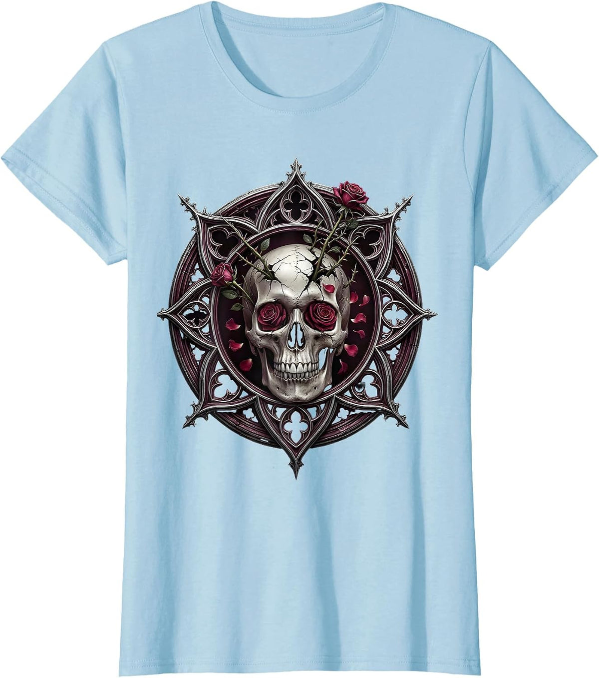 Skull and Roses Rock Graphic Tee T-Shirt - Baby Blue
