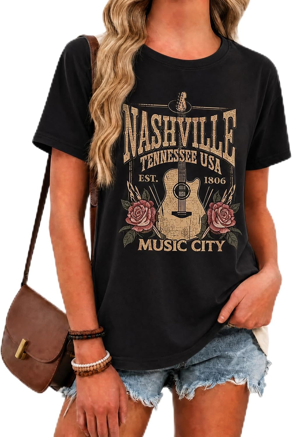 Country Music Women's Graphic Crewneck Short Sleeve Summer Tee - M10-black