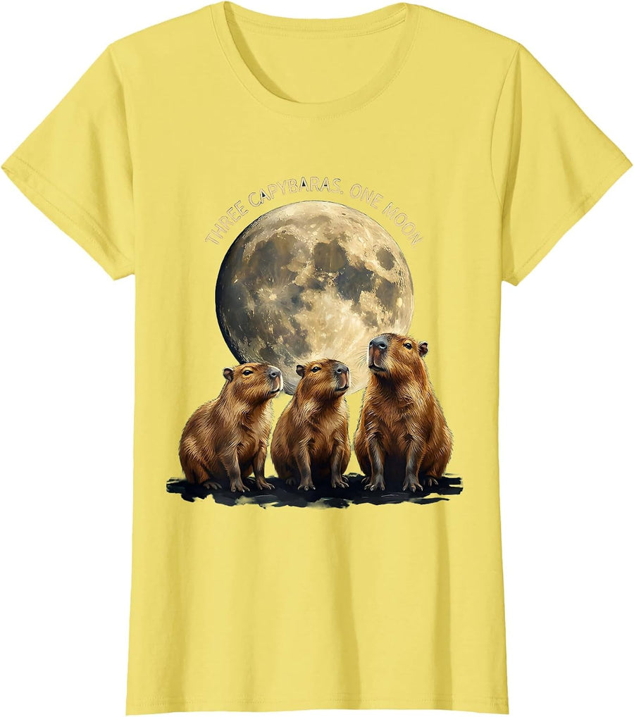 Women's Three Capybaras One Moon Funny Capybara Meme Pet Lover Humor T-Shirt - Lemon Yellow