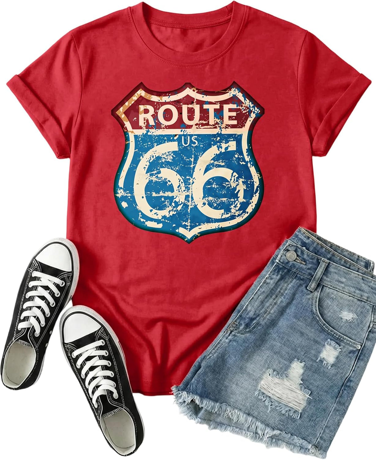 Graphic Route 66 T Shirt, Vintage Highway Sign Tee for Women Short Sleeve Crewneck Top - Red