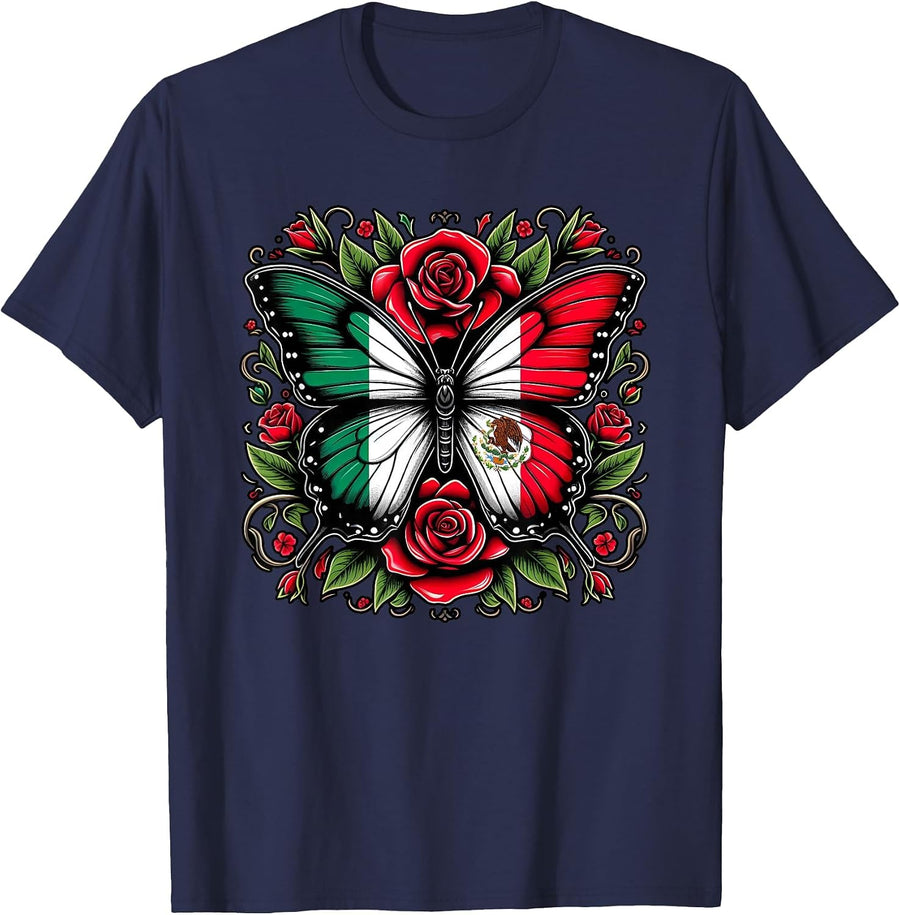 Funny Mexican Butterfly Flag Mexicana Tee | Women Mexico T-Shirt - Navy Blue