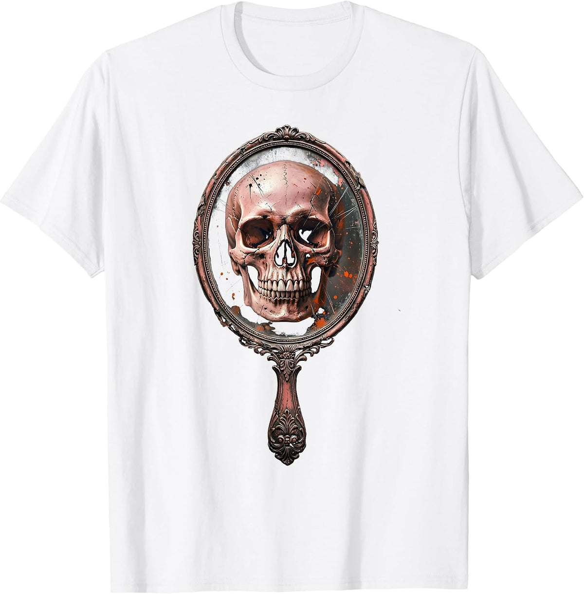 Skull Mirror Rock and Roll Gothic Vanity Design T-Shirt - White