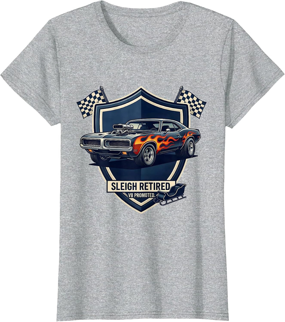 Sleigh Retired V8 Promoted Muscle Car Hot Rod Christmas T-Shirt - Heather Grey