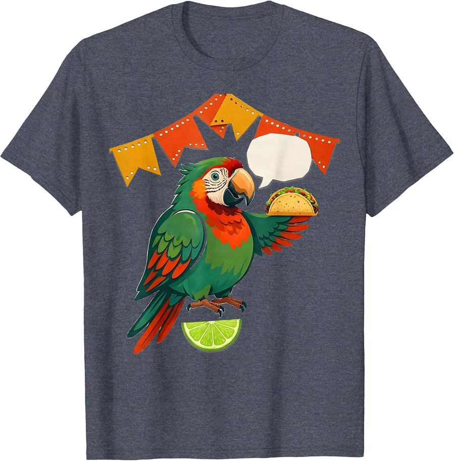 Cheerful Parrot Taco Folk Art Cinco De Mayo Party Humor T-Shirt - Heather Blue