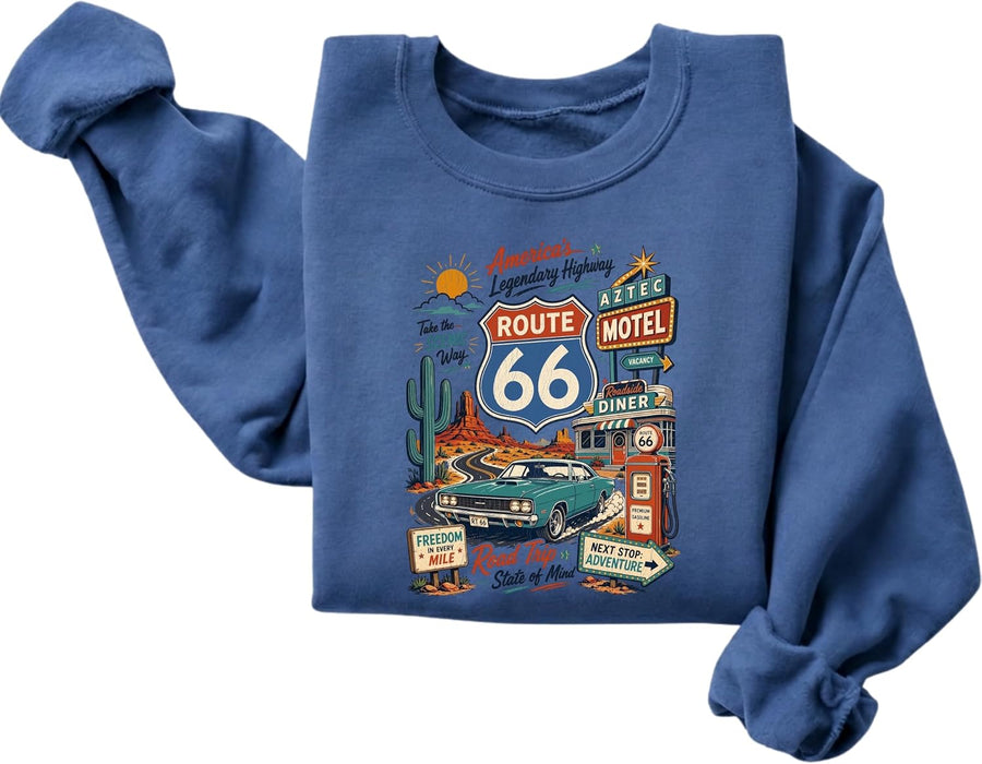 Route 66 Road Trip Crewneck Sweatshirt, Retro American Highway Artwork - Indigo Blue