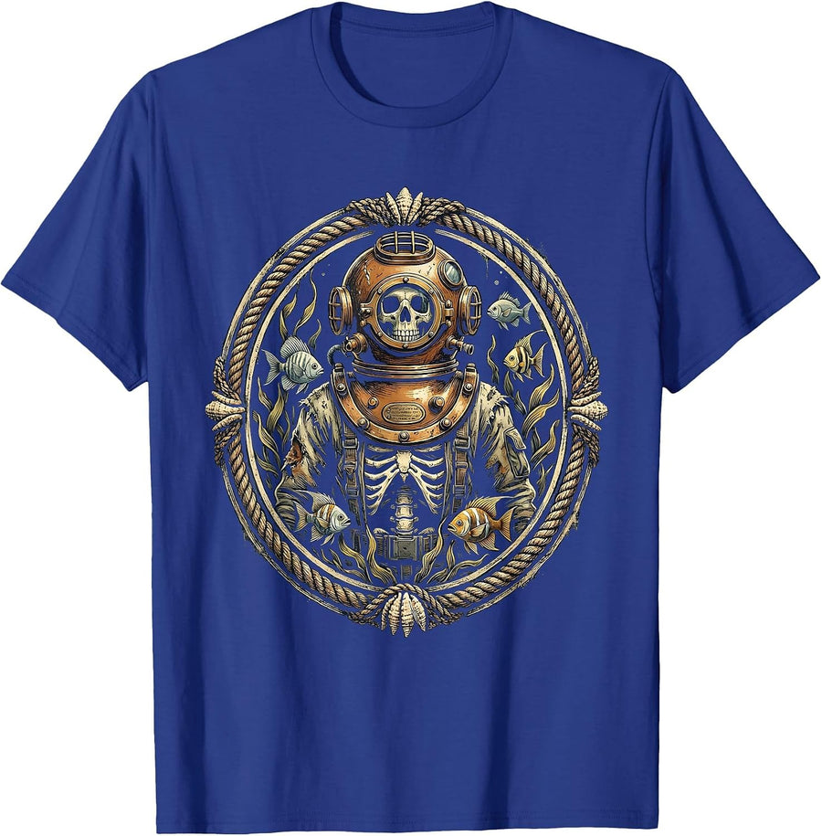 Skeleton Deep Sea Diver Surrounded by Fish T-Shirt - Royal Blue