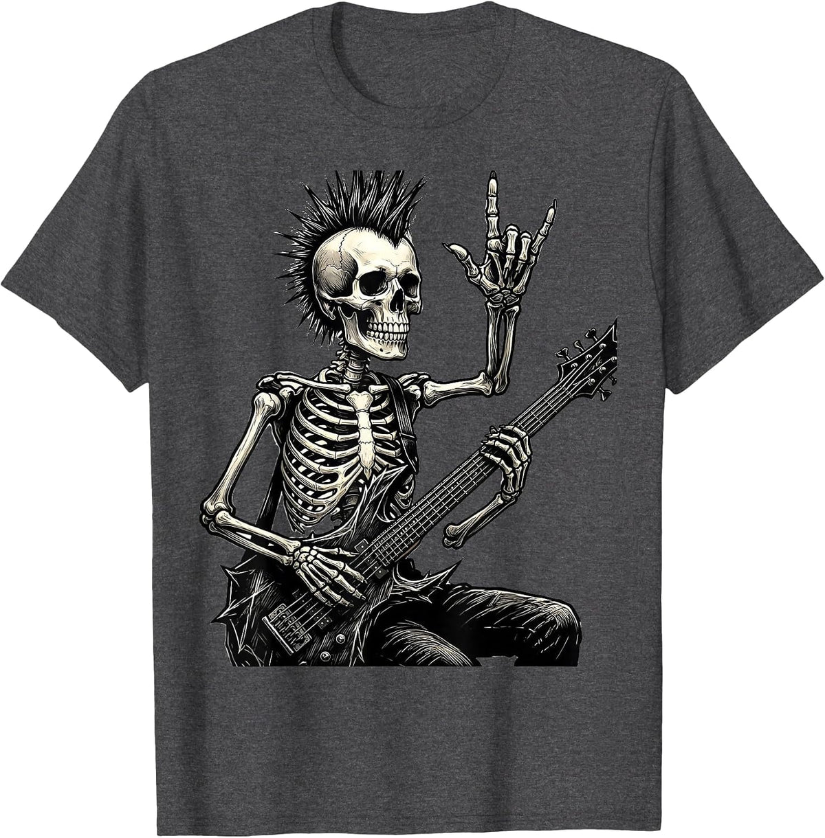 Skeleton Rocker Punk Skull Halloween Music Humor T-Shirt - Dark Heather Grey