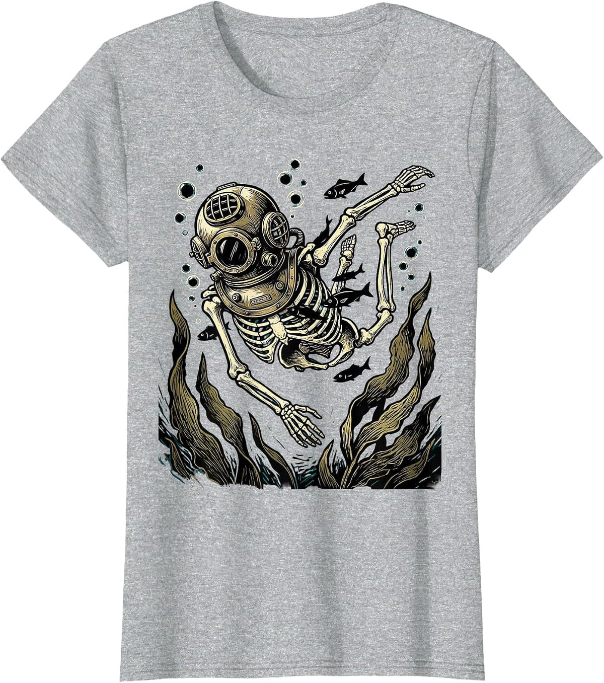 Skeleton Deep Sea Diver Underwater Ocean Graphic T-Shirt - Heather Grey