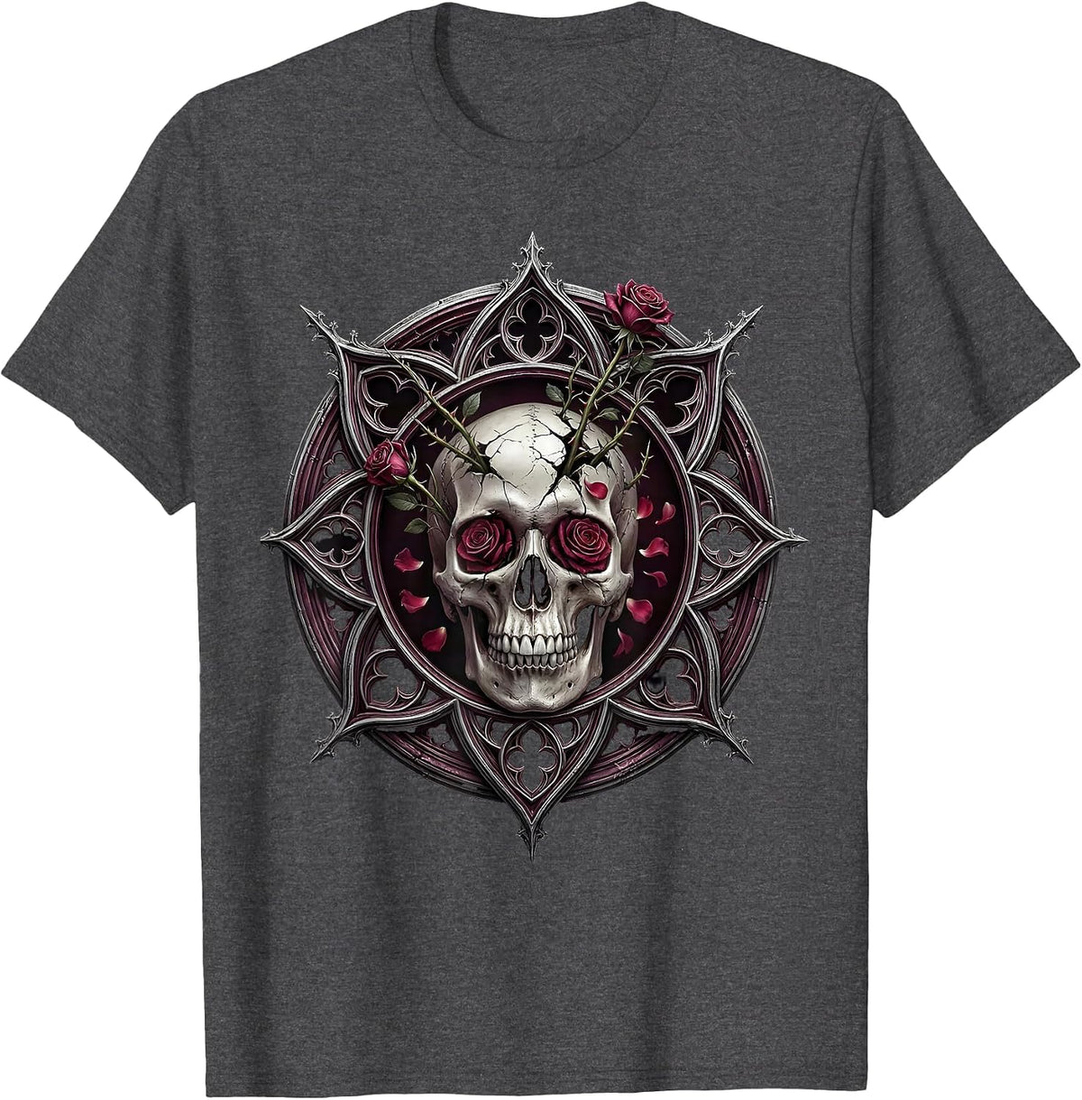 Skull and Roses Rock Graphic Tee T-Shirt - Dark Heather Grey