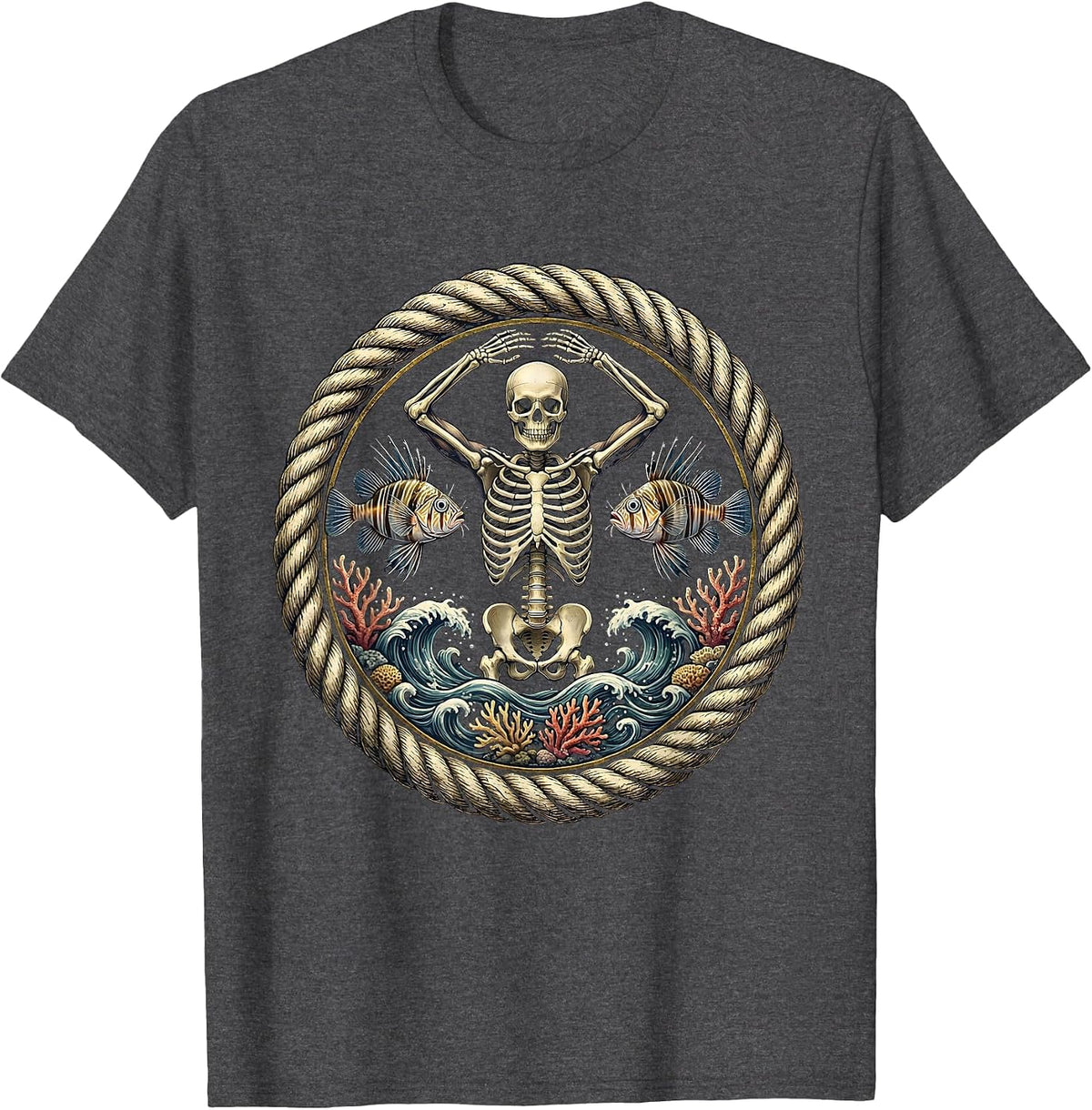 Skeleton Diver Deep Sea Fish Illustration T-Shirt - Dark Heather Grey