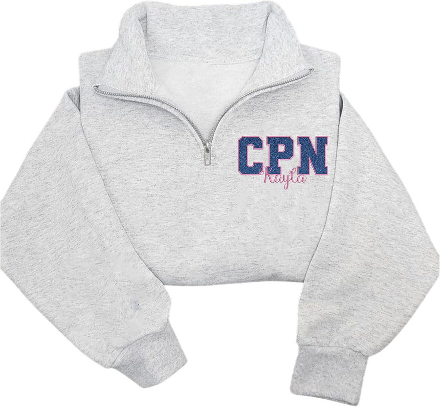 Personalized Embroidered RN Quarter Zip Sweatshirt, Coquette Bow Nurse Shirt, Custom RN CNA ICU MSN - Cpn