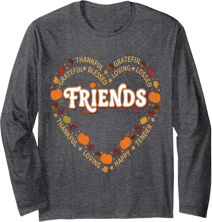 Turkey Thankful Friends Thanksgiving Friendsgiving Long Sleeve T-Shirt - Adult Unisex Dark Heather Grey