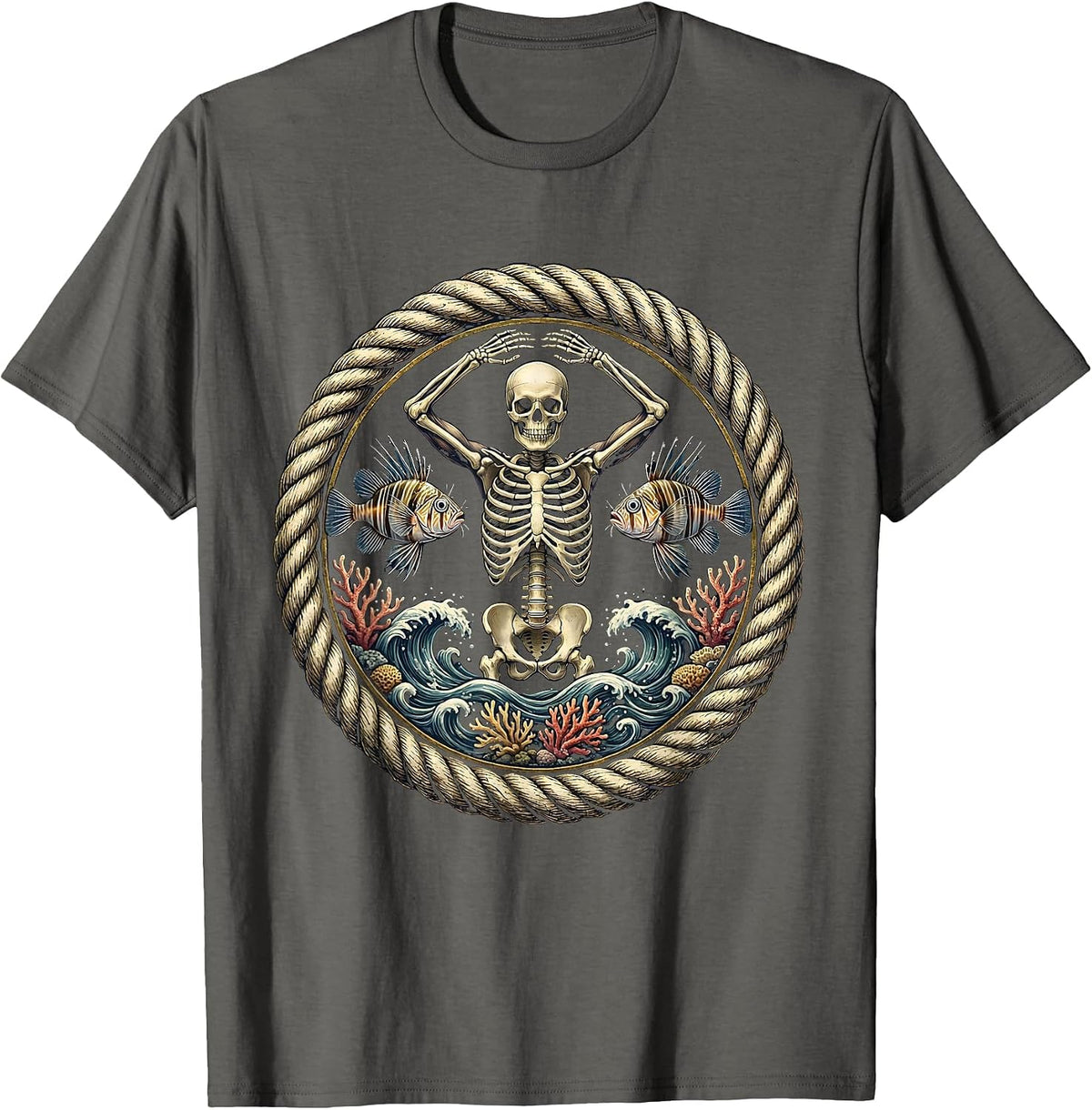Skeleton Diver Deep Sea Fish Illustration T-Shirt - Asphalt Grey