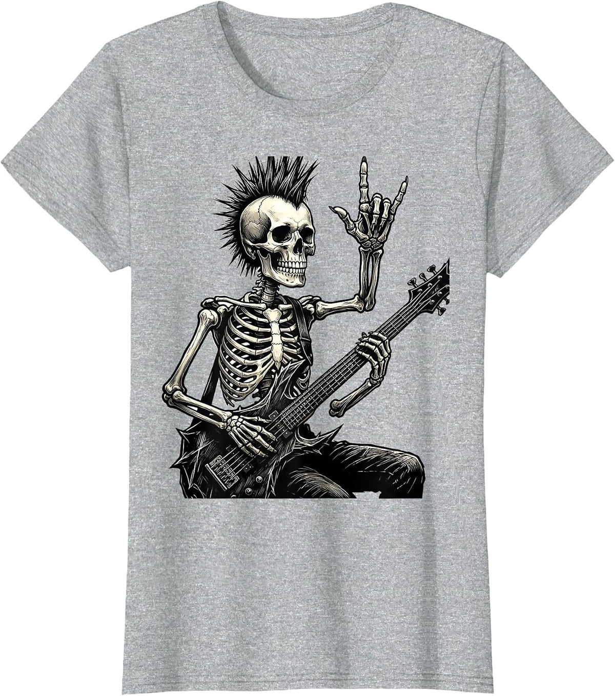 Skeleton Rocker Punk Skull Halloween Music Humor T-Shirt - Heather Grey