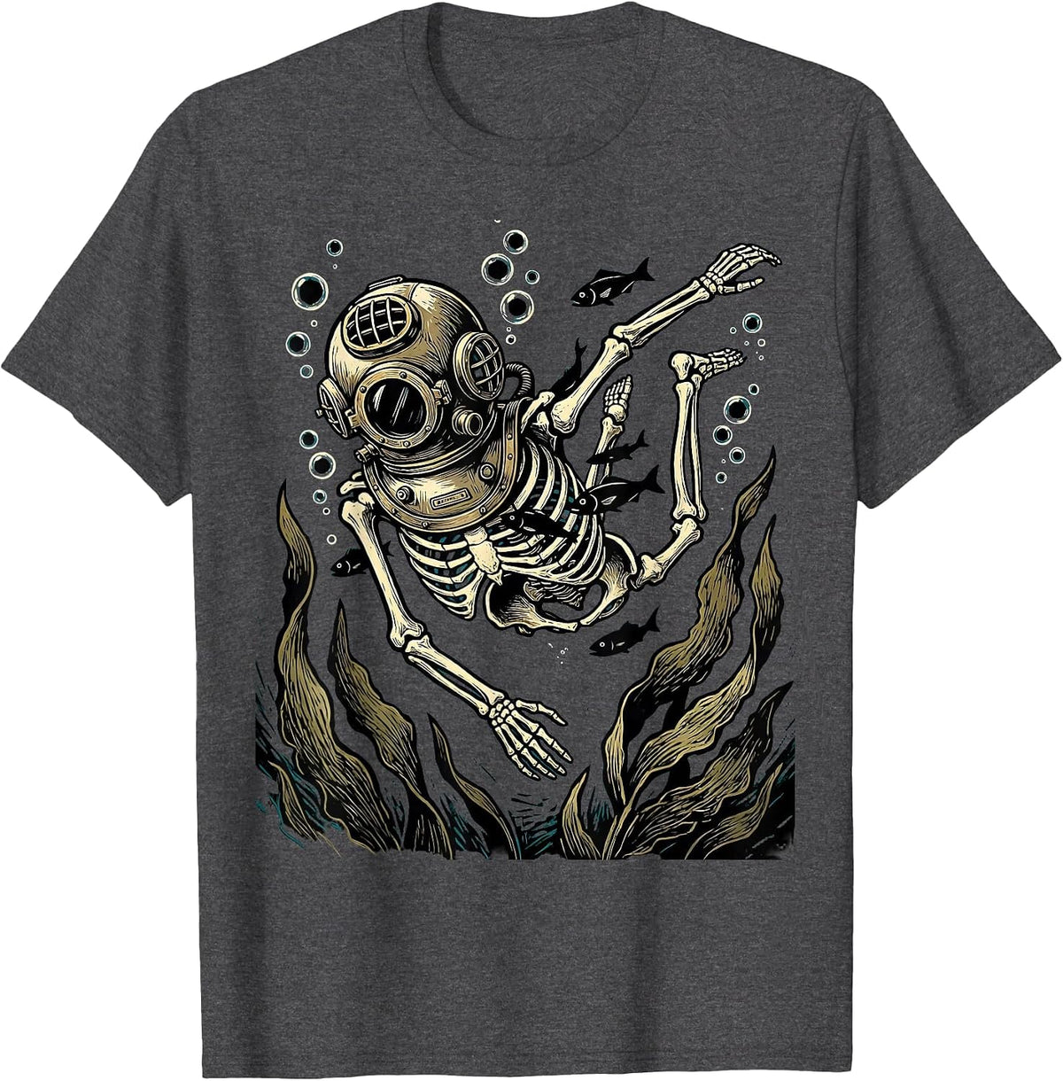 Skeleton Deep Sea Diver Underwater Ocean Graphic T-Shirt - Dark Heather Grey