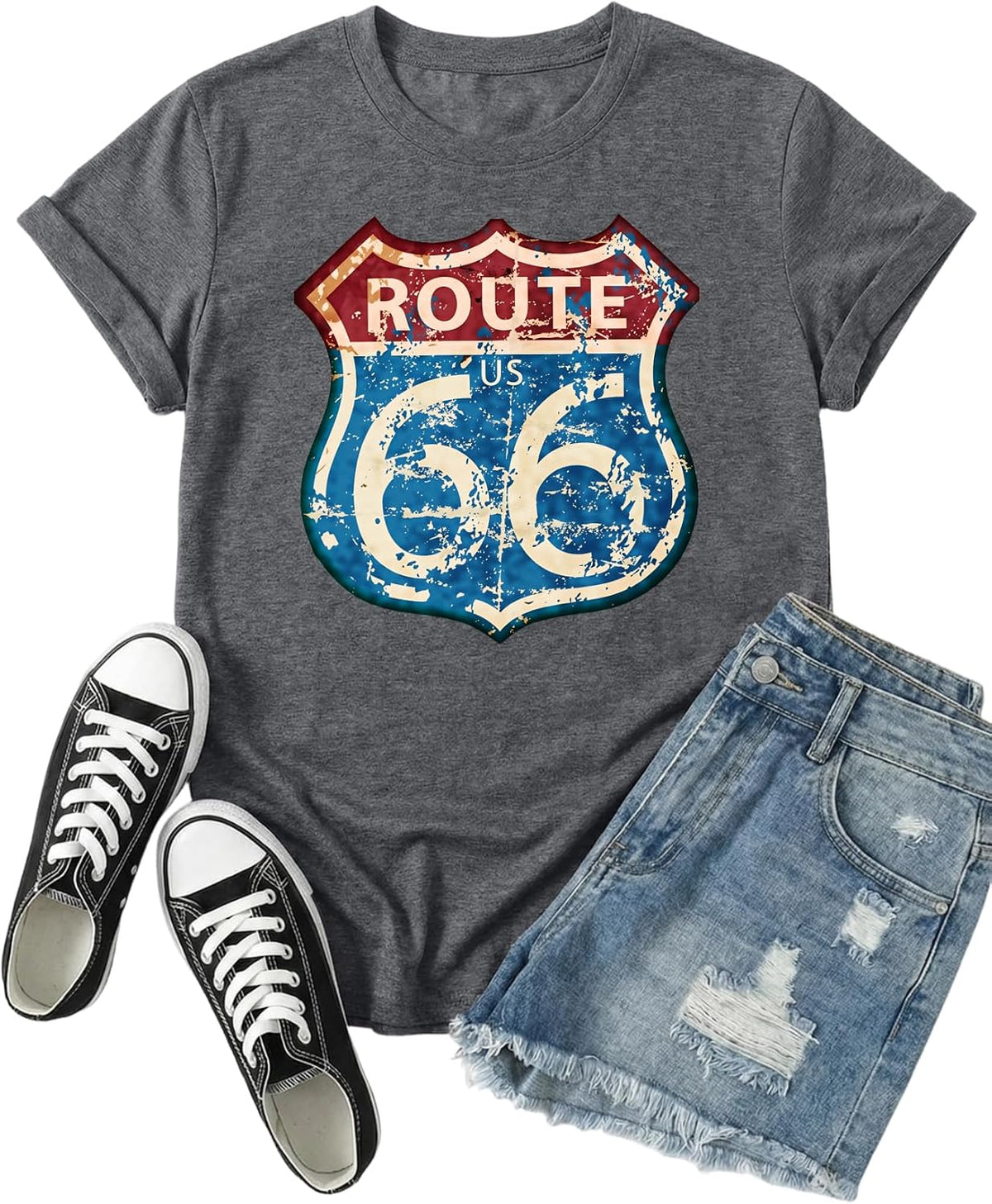 Graphic Route 66 T Shirt, Vintage Highway Sign Tee for Women Short Sleeve Crewneck Top - Grey