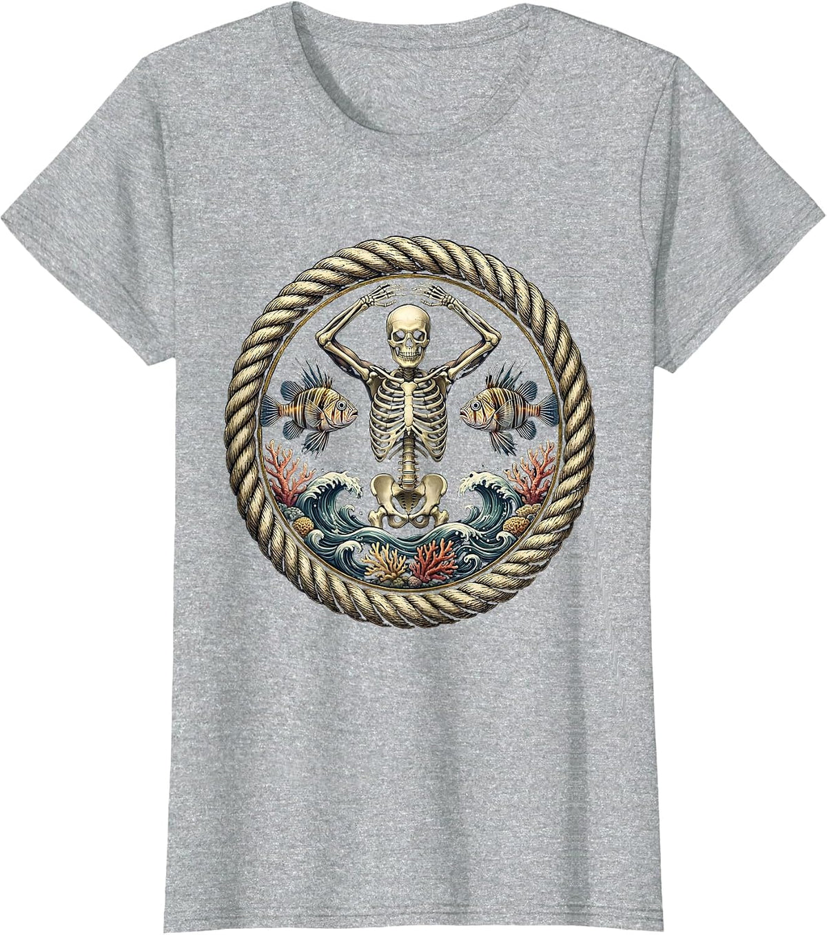 Skeleton Diver Deep Sea Fish Illustration T-Shirt - Heather Grey
