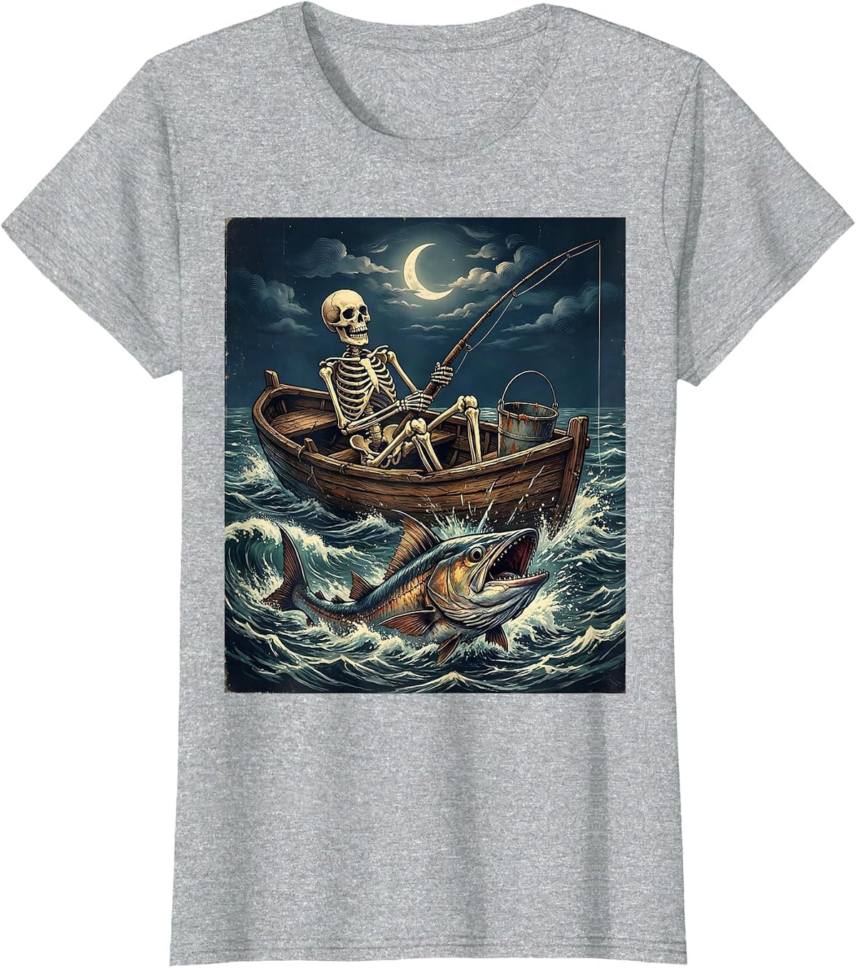 Skeleton Deep Sea Fishing Rowboat Graphic T-Shirt - Heather Grey