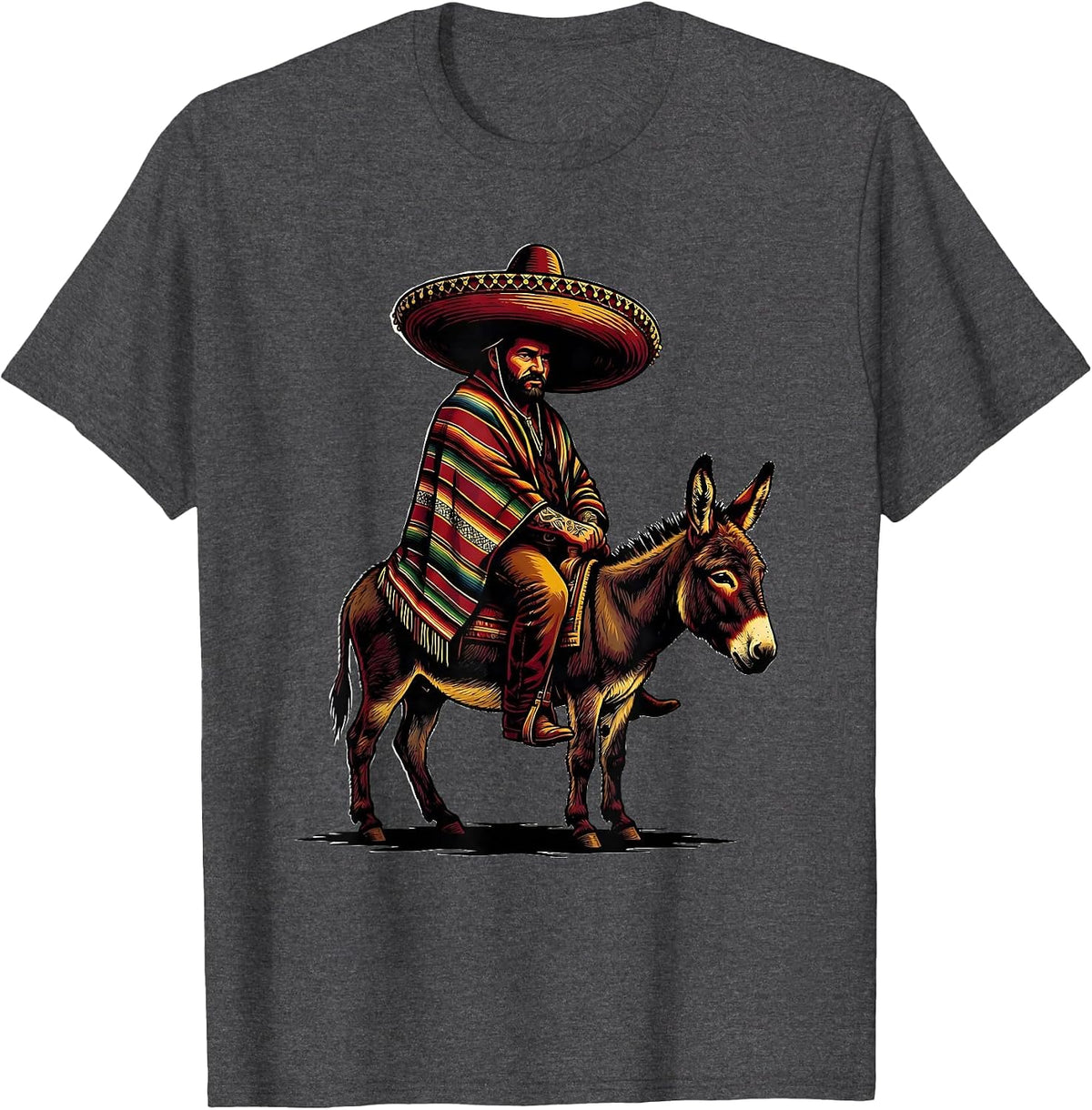 Men's Mexican Sombrero Rider Burro Illustration T-Shirt - Dark Heather Grey