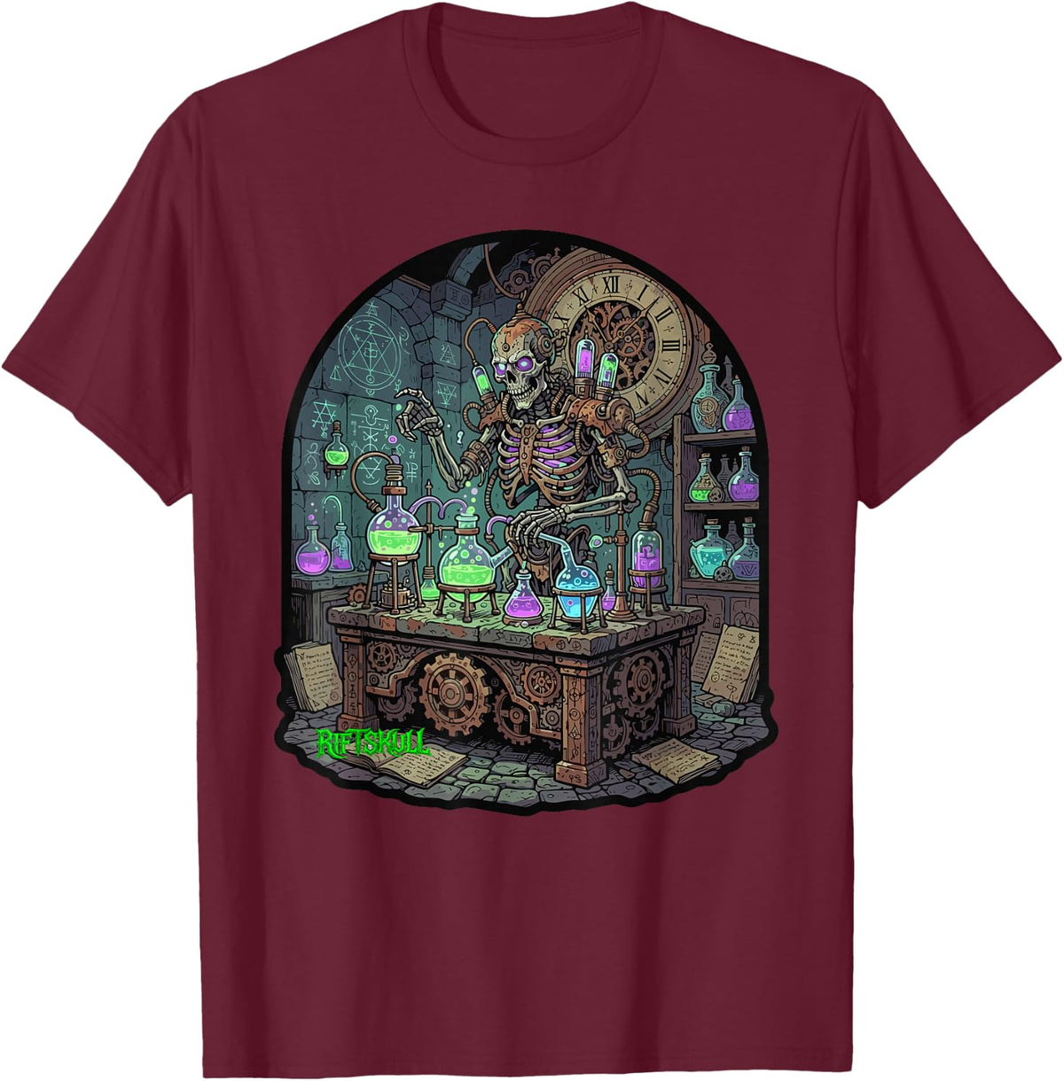 Skeleton Steampunk Alchemist Heavy Metal Rock Dark Fantasy T-Shirt - Burgundy