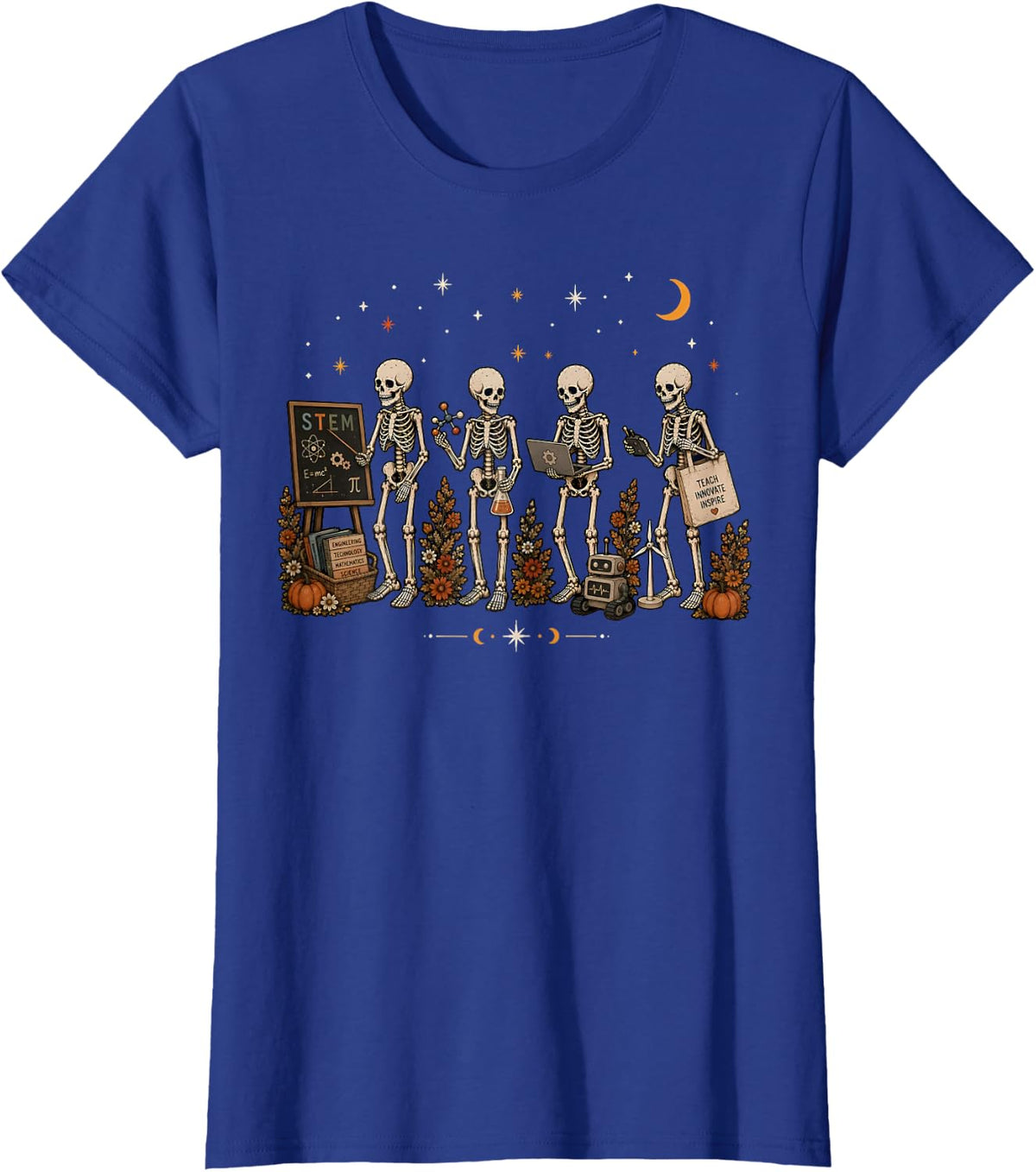 Skeleton STEM Teacher Halloween Science Technology Math T-Shirt - Royal Blue