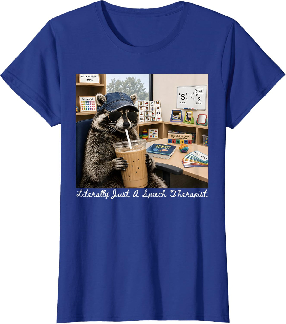 SLP Raccoon Literally Just A Speech Therapist SPED School T-Shirt - Royal Blue