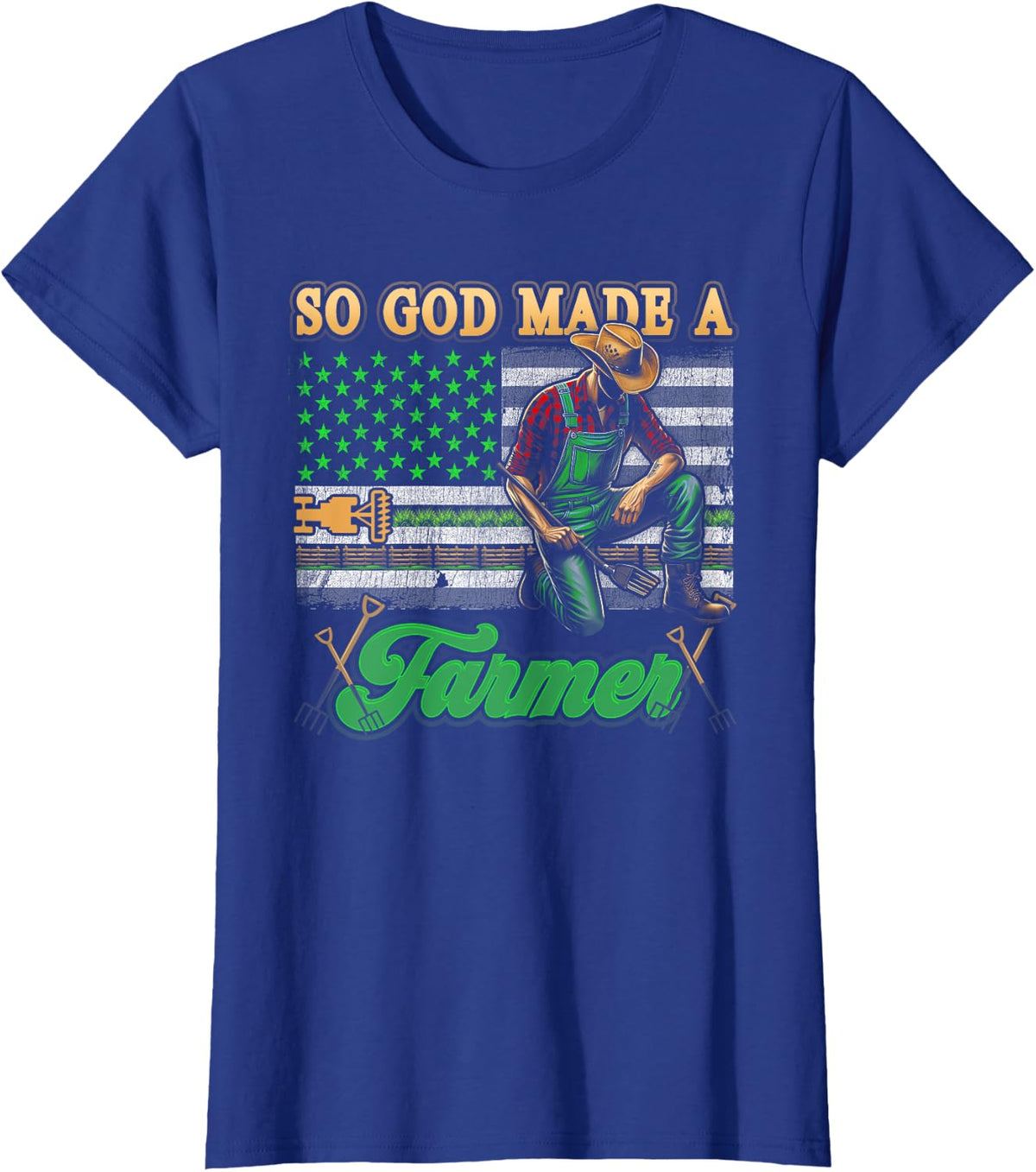 So God Made-A Farmer Farming Farmer American USA Flag T-Shirt - Royal Blue