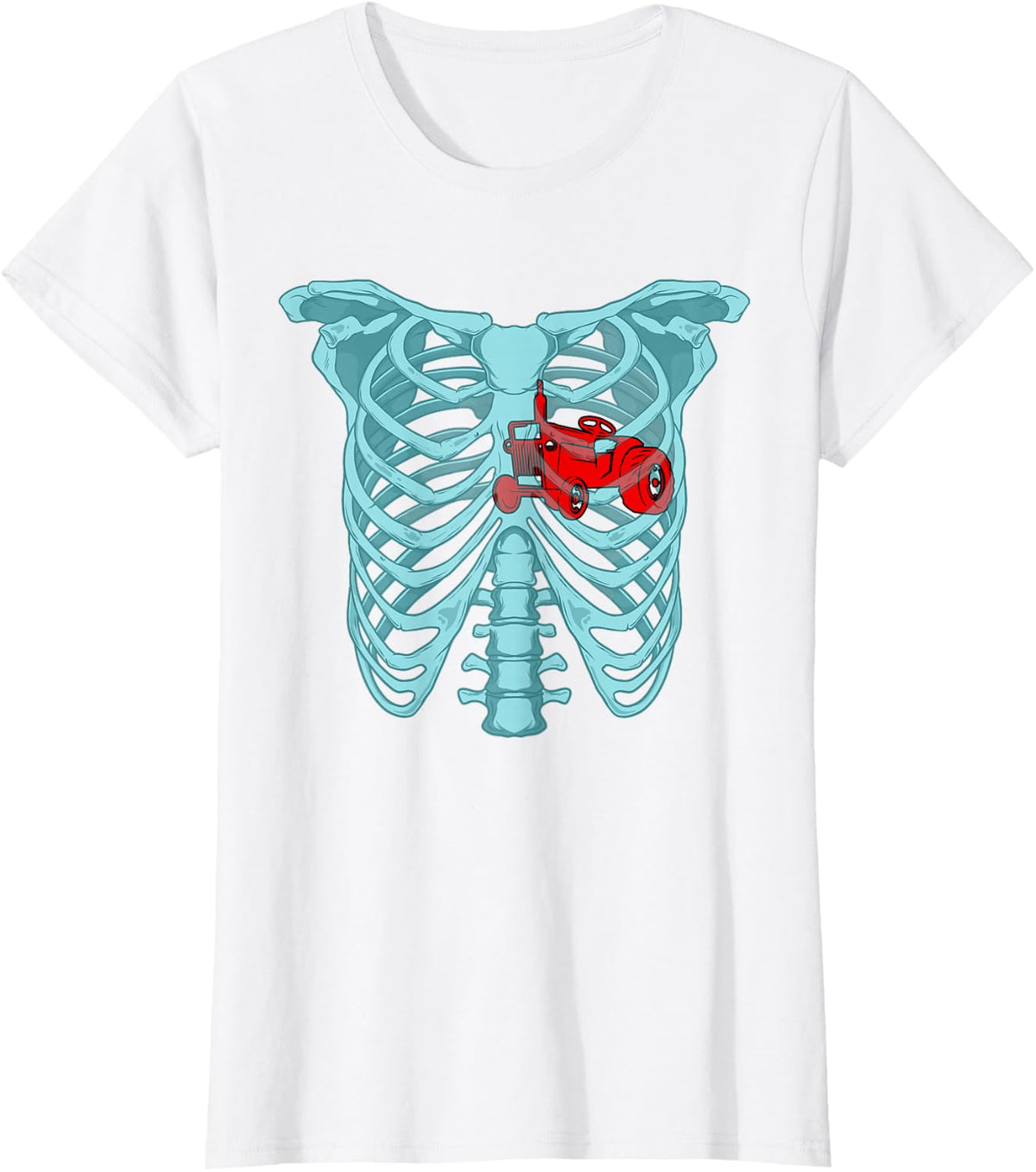 Skeleton rib cage tractor lover farmer funny Halloween T-Shirt - White