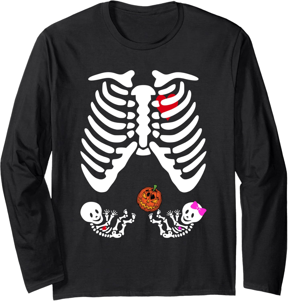 Skeleton Twins Girl Boy Pregnancy Halloween costume Pumpkin Long Sleeve T-Shirt - Adult Unisex Black