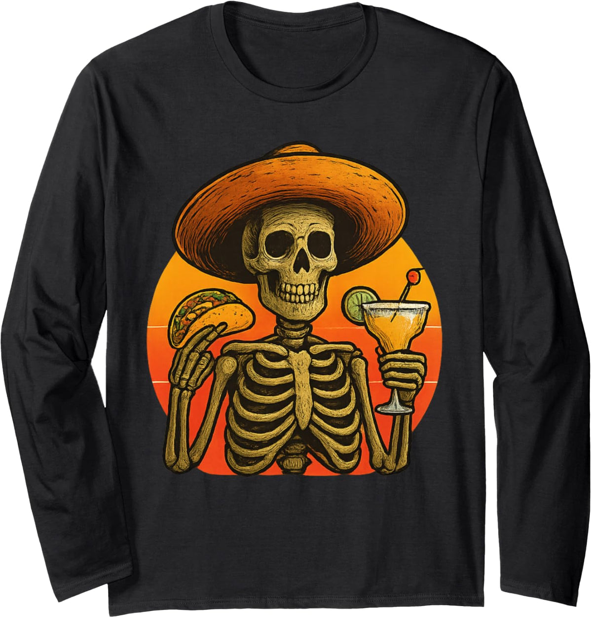 Skeleton Fiesta Cinco de Mayo Taco and Margarita Celebration Long Sleeve T-Shirt - Adult Unisex Black