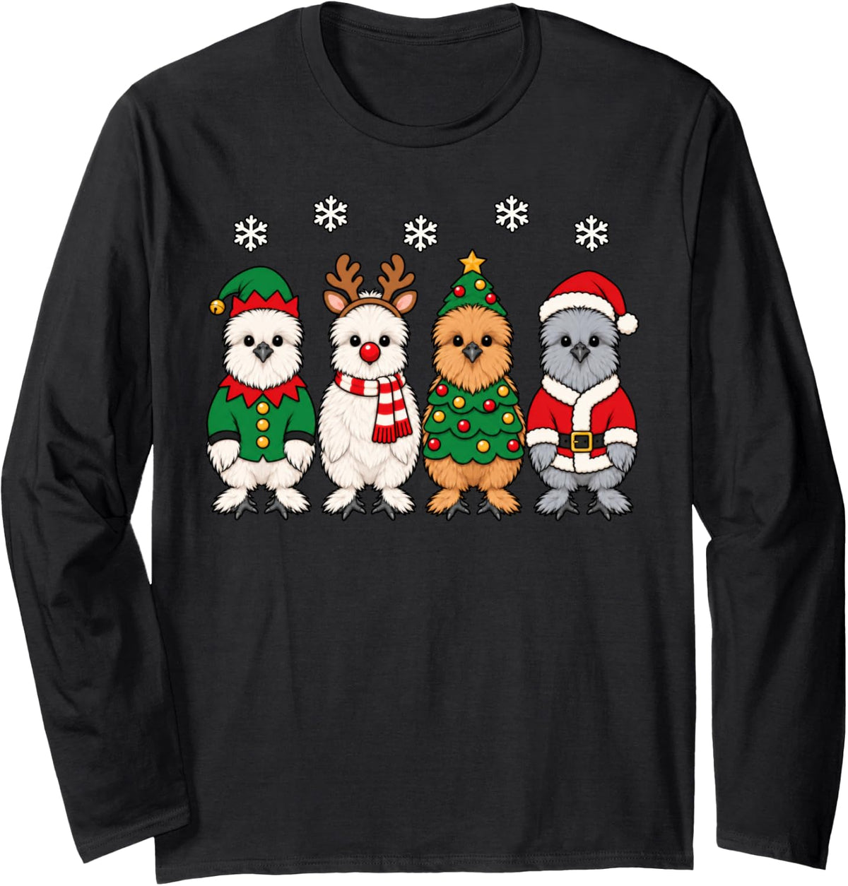 Silkie Chicken Christmas Reindeer Santa Farm Animal Long Sleeve T-Shirt - Adult Unisex Black
