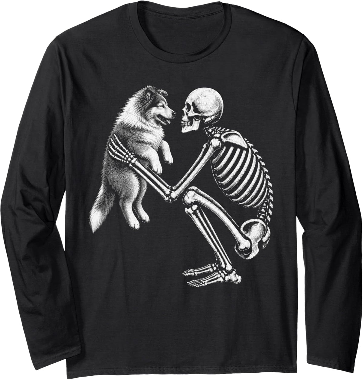 Skeleton Holding Rough Collie Retro Halloween Dog Long Sleeve T-Shirt - Adult Unisex Black