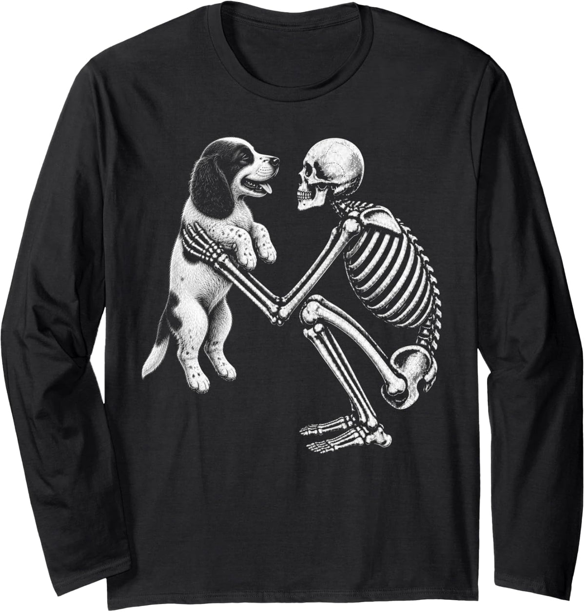 Skeleton Holding English Springer Spaniel Retro Halloween Long Sleeve T-Shirt - Adult Unisex Black
