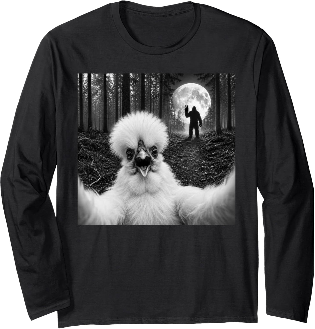 Silkie Chicken Selfie with Bigfoot Peace Sign Sasquatch Long Sleeve T-Shirt - Adult Unisex Black