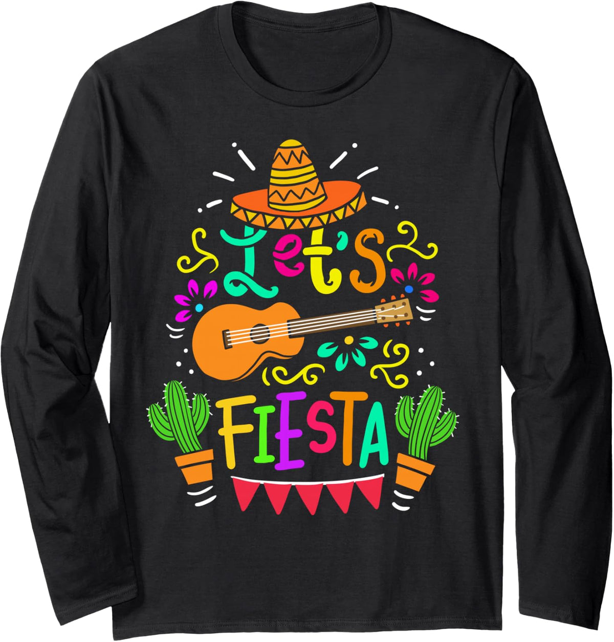 Cinco De Mayo Mexican Guitar Cactus for Men Women Boys Girls Long Sleeve T-Shirt - Adult Unisex Black
