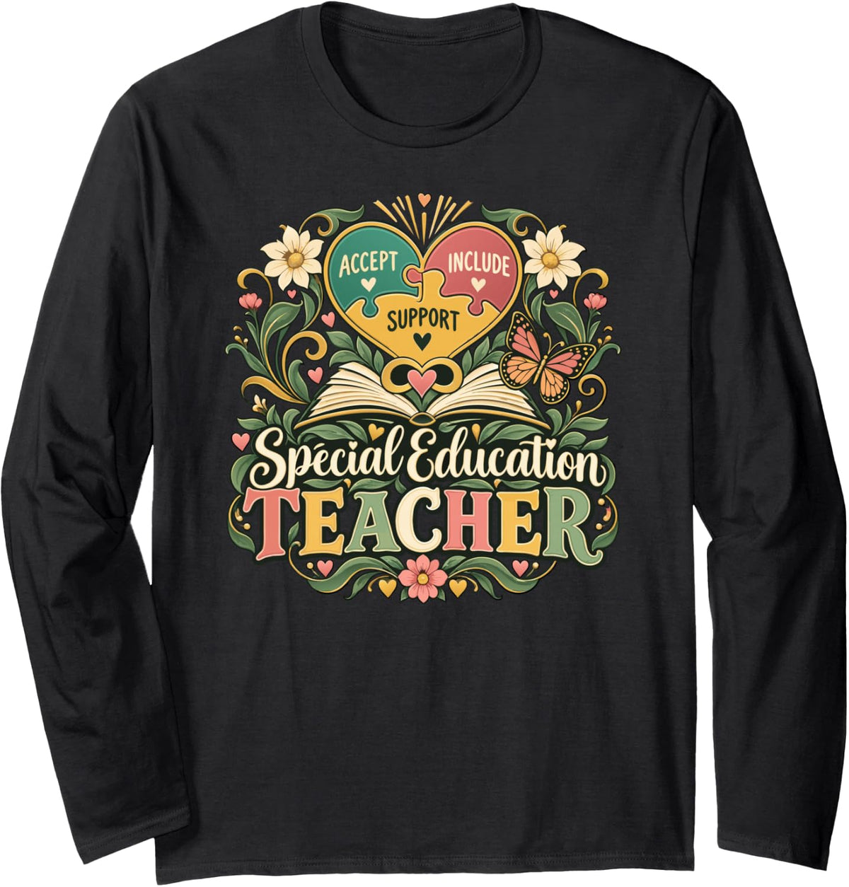 Special Education Teacher Accept Include Support SPED Book Long Sleeve T-Shirt - Adult Unisex Black