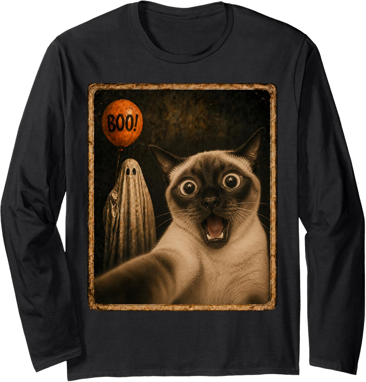 Siamese Halloween Ghost Selfie Boo Cat Meme Graphic Long Sleeve T-Shirt - Adult Unisex Black