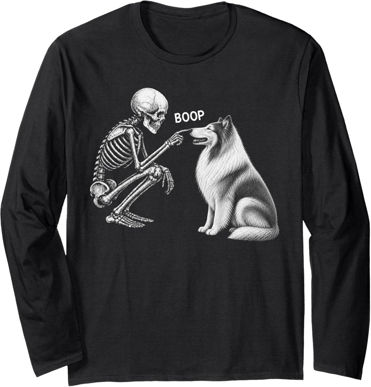 Skeleton Boop Rough Collie Dog Nose Vintage Halloween Long Sleeve T-Shirt - Adult Unisex Black