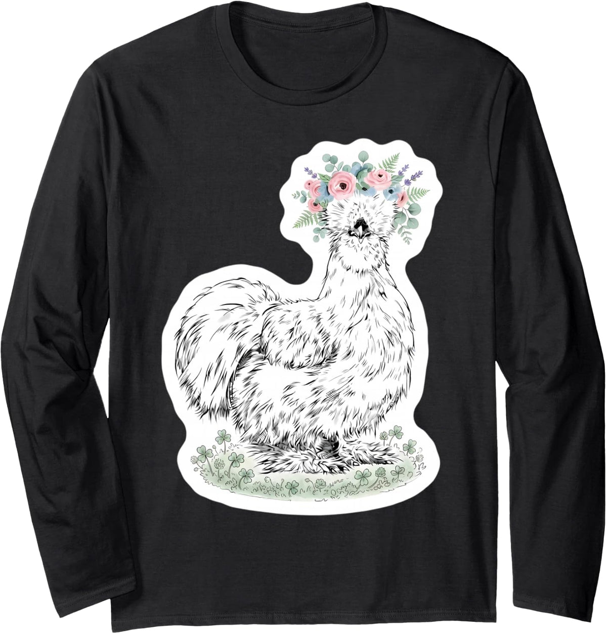 Silkie Chicken with Floral Headband Farm Animal Owner Cute Long Sleeve T-Shirt - Adult Unisex Black