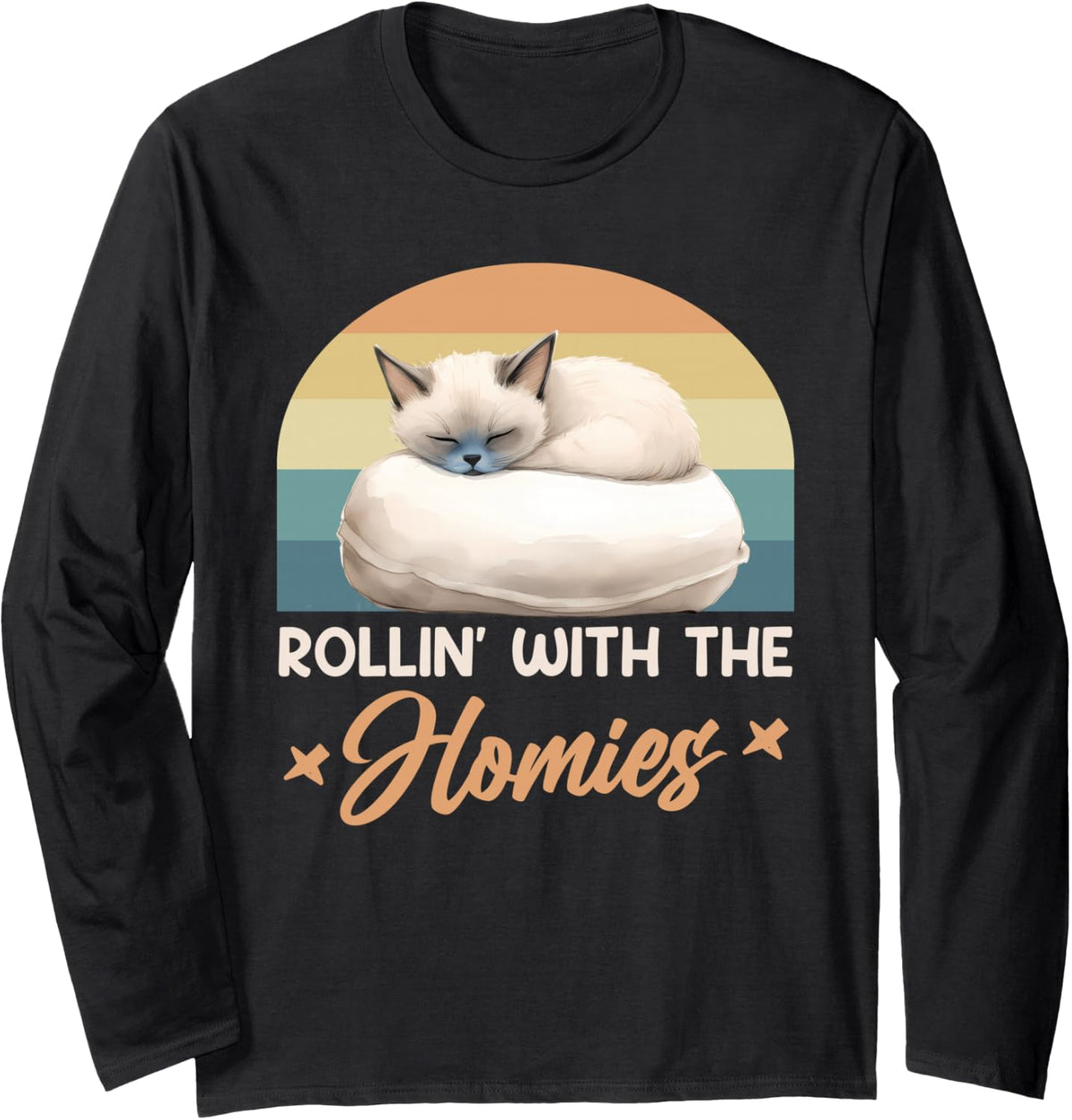 Siamese Cats ROLLIN' WITH THE HOMIES Funny Vintage Long Sleeve T-Shirt - Adult Unisex Black