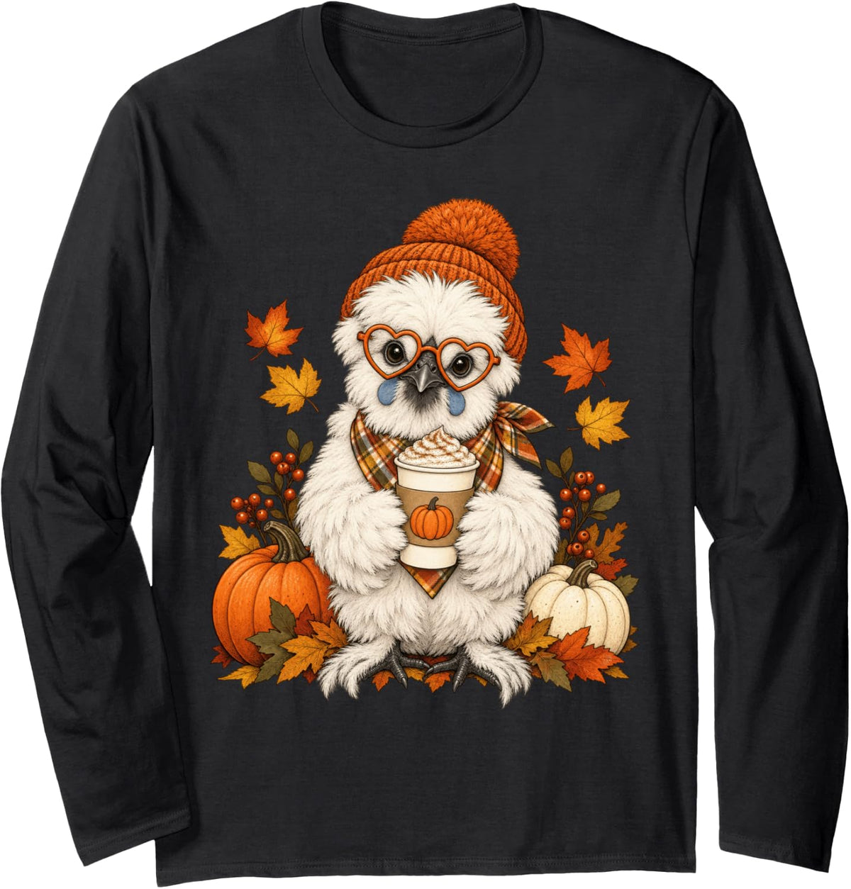Silkie Chicken Fall Autumn Season Pumpkin Spice Farm Animal Long Sleeve T-Shirt - Adult Unisex Black
