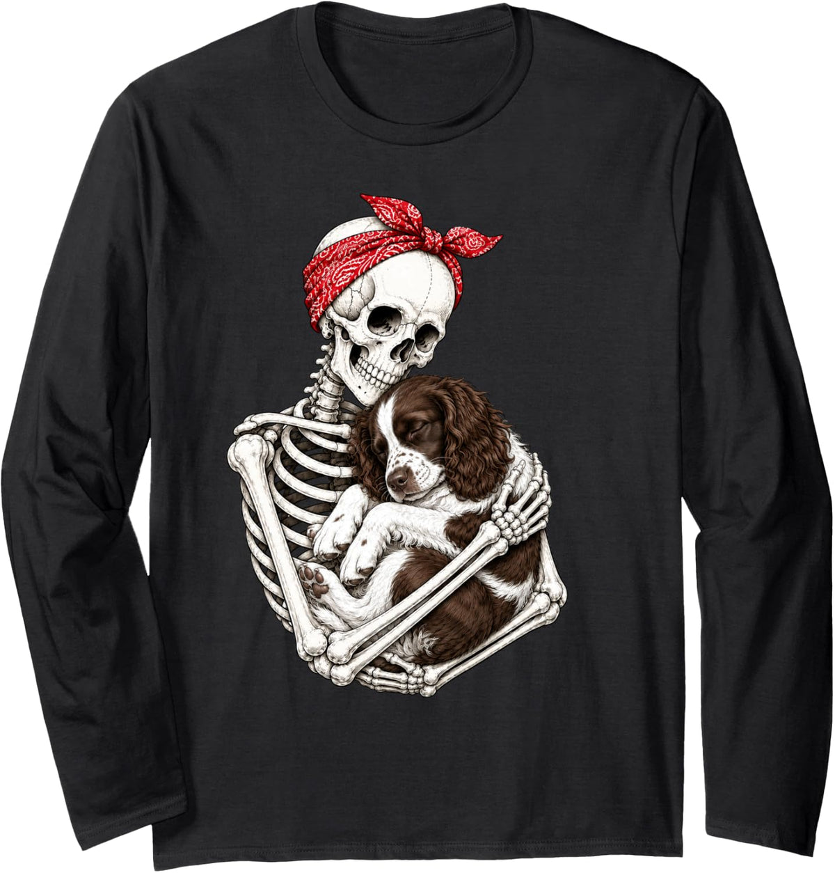 Skeleton Holding English Springer Spaniel Dog Funny Lazy Long Sleeve T-Shirt - Adult Unisex Black