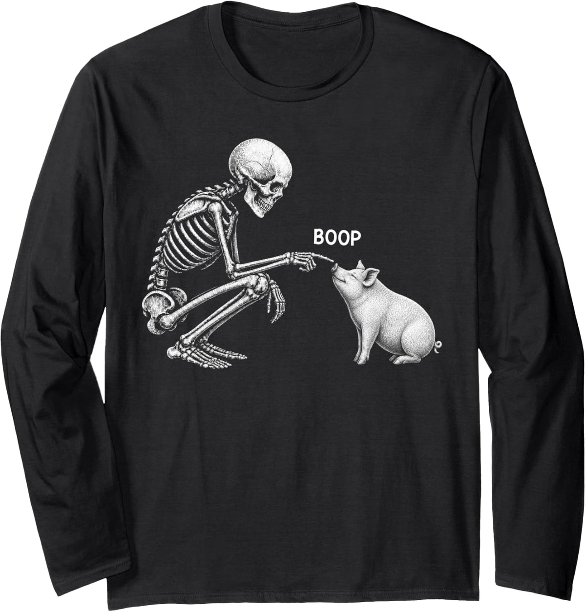 Skeleton Boop Pig Nose Vintage Halloween Farm Animal Long Sleeve T-Shirt - Adult Unisex Black