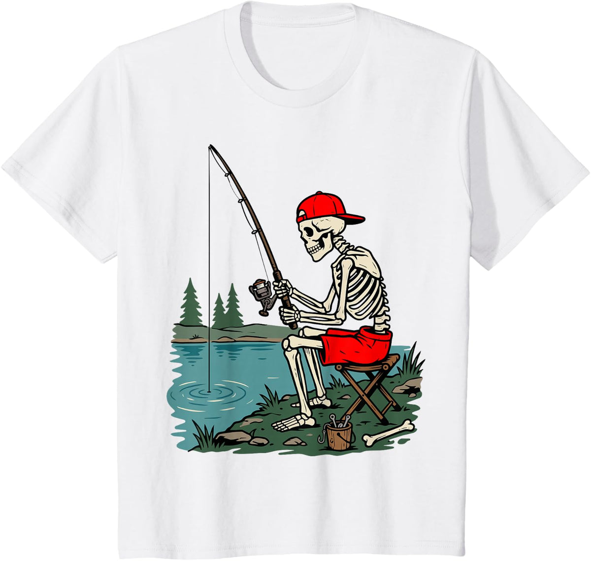 Skeleton Fishing Spooky Angler Halloween T-Shirt - White