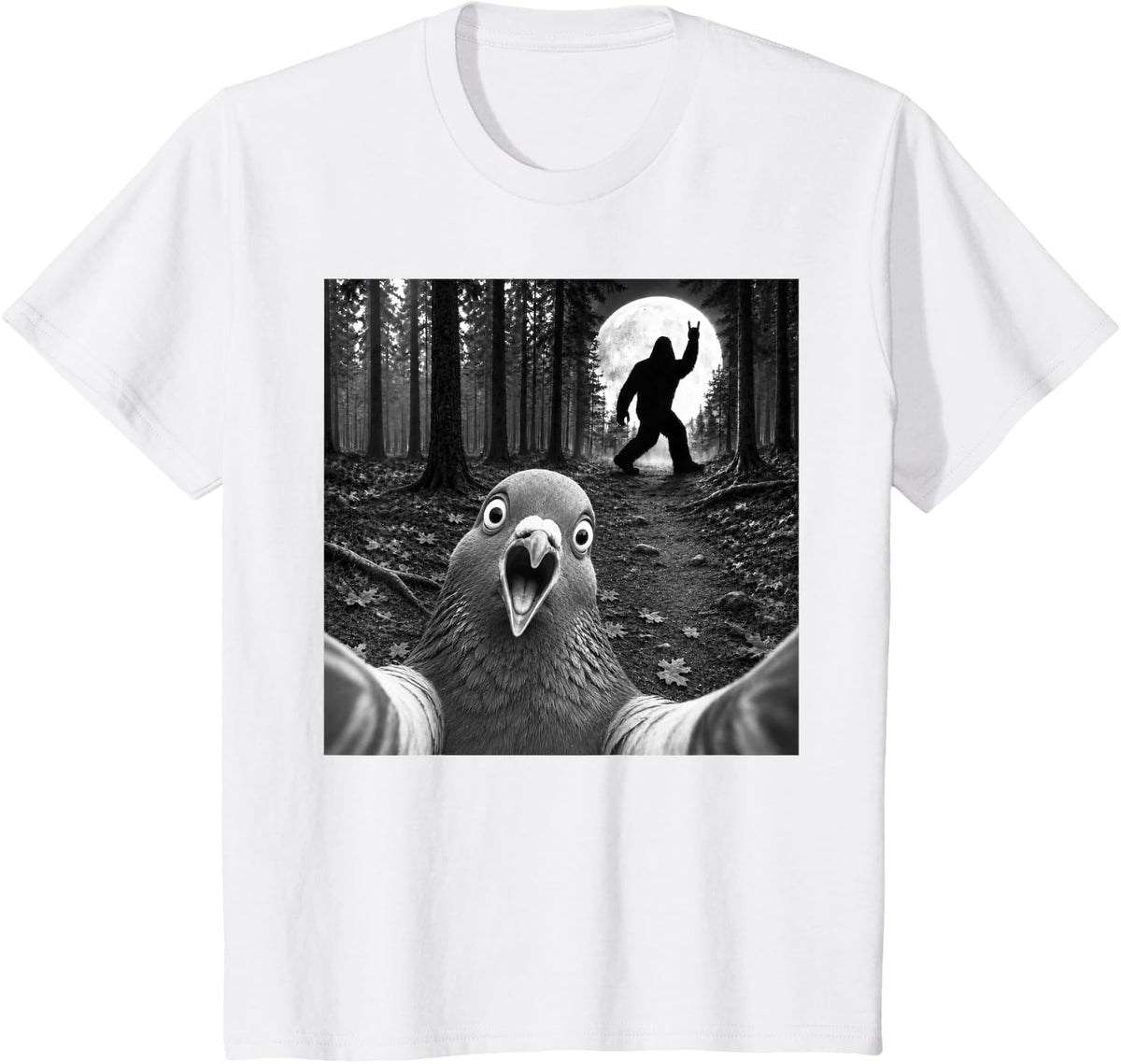 Silkie Chicken Selfie with Bigfoot Rock and Roll Sasquatch T-Shirt - White