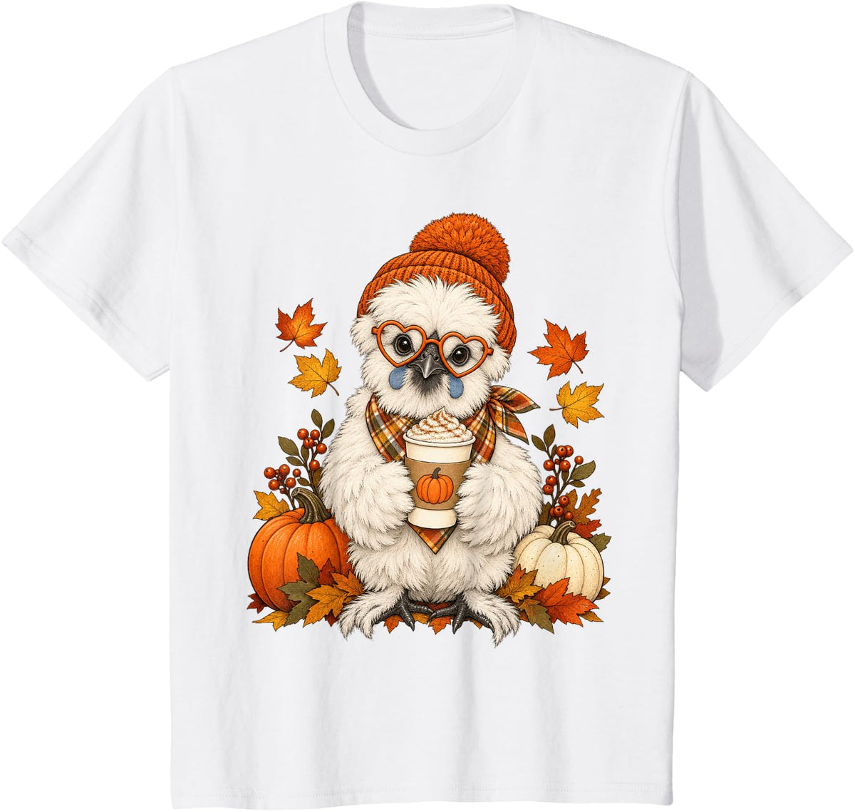 Silkie Chicken Fall Autumn Season Pumpkin Spice Farm Animal T-Shirt - White