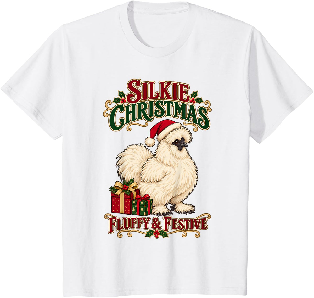 Silkie Christmas Fluffy Festive Chicken Lover Xmas Farm T-Shirt - White