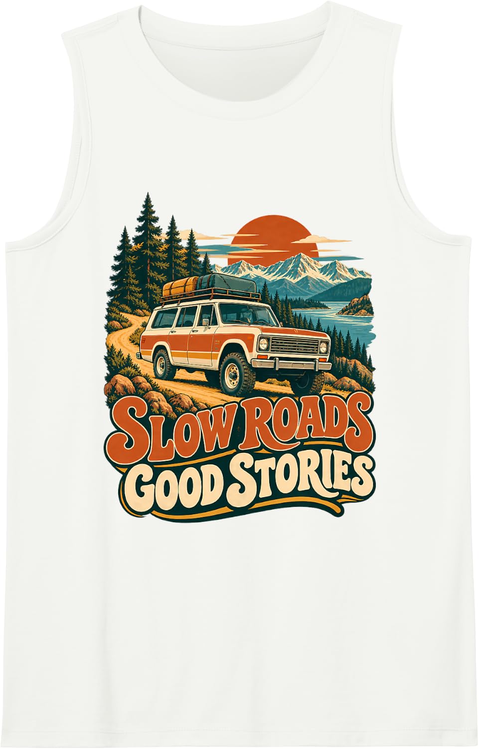 Slow Roads Good Stories Vintage Overlanding 4x4 Adventure Sleeveless Tank Top - White