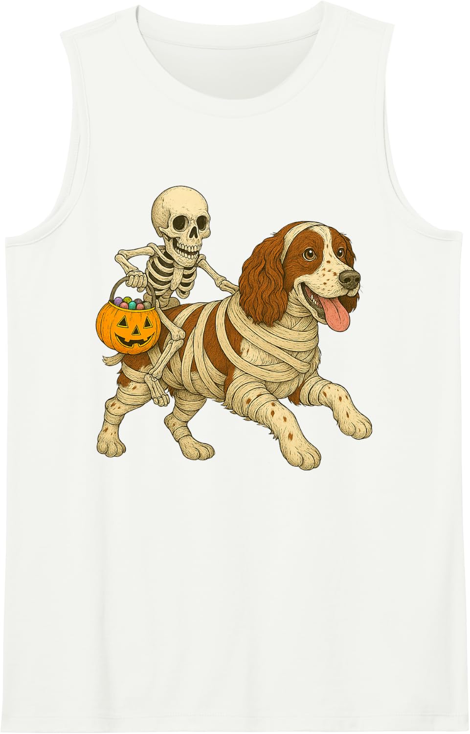 Skeleton Riding Mummy English Springer Spaniel Dog Halloween Sleeveless Tank Top - White
