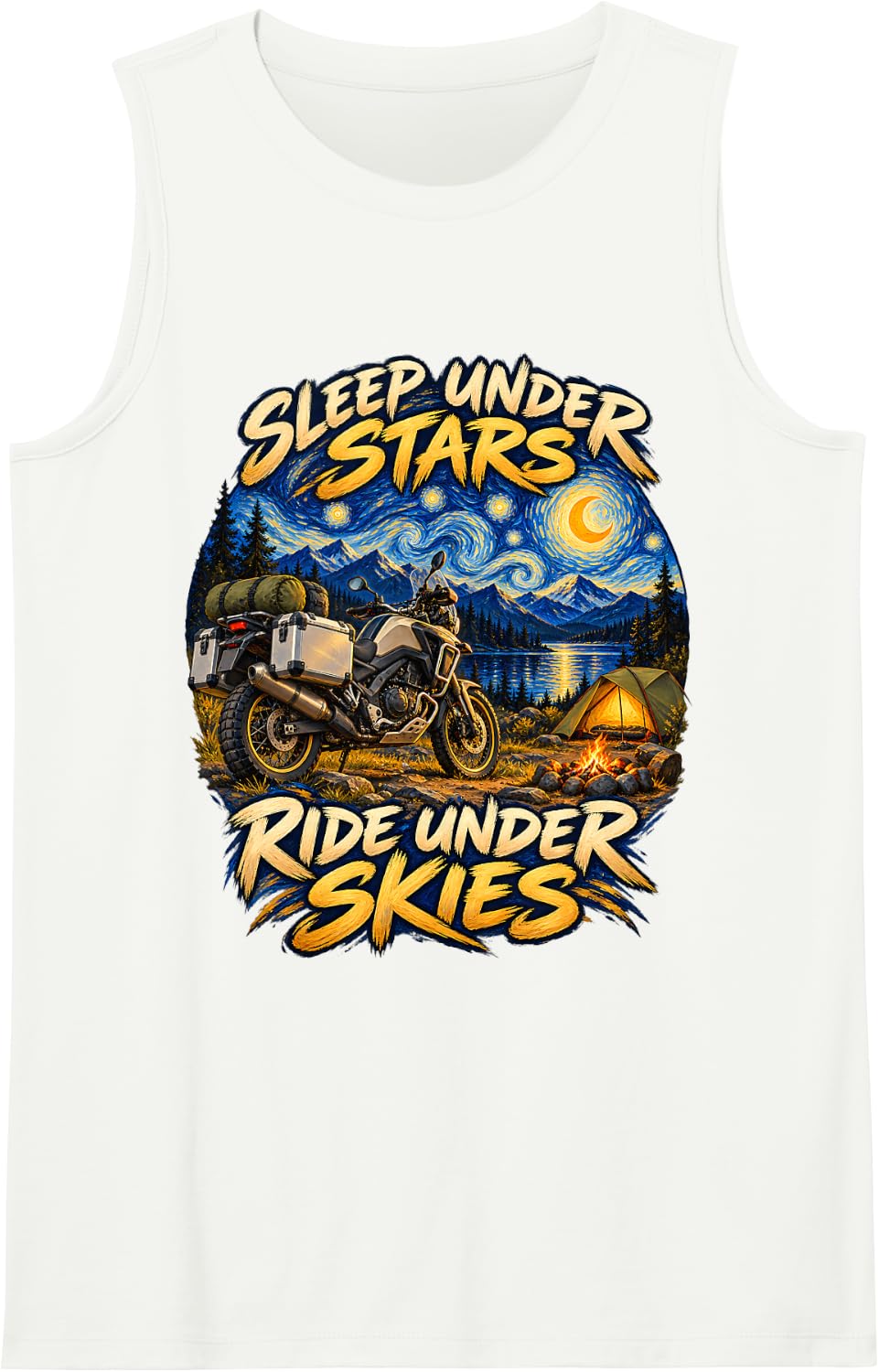 Sleep Under Stars Ride Under Skies Moto Camper Sleeveless Tank Top - White